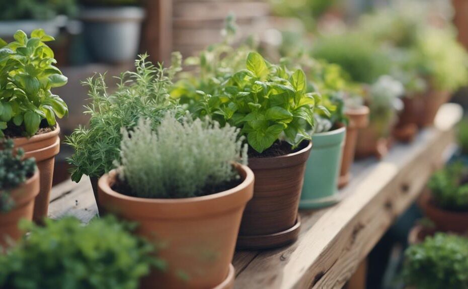 garden herbs in planters